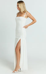 Cardi Maxi Dress - Ruched Mesh High Leg Split Dress in Ivory