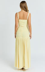 Cardi Maxi Dress - Ruched Mesh High Leg Split Dress in Lemon