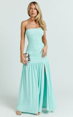 Cardi Maxi Dress - Ruched Mesh High Leg Split Dress in Mint