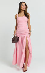 Cardi Maxi Dress - Ruched Mesh High Leg Split Dress in Pink