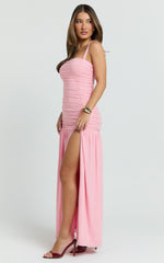 Cardi Maxi Dress - Ruched Mesh High Leg Split Dress in Pink