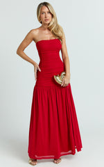 Cardi Maxi Dress - Ruched Mesh High Leg Split Dress in Red