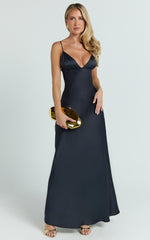 Cariela Midi Dress - Plunge Neck Satin Dress in Navy