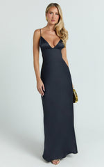 Cariela Midi Dress - Plunge Neck Satin Dress in Navy