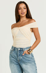 Carina Bodysuit - Twist Front Off Shoulder Mesh Bodysuit in Cream