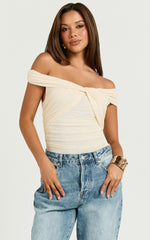 Carina Bodysuit - Twist Front Off Shoulder Mesh Bodysuit in Cream