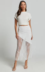 Carina Midi Skirt - Mid Waist Lace Asymmetrical Skirt in Ivory