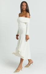 Carissa Midi Dress - Off Shoulder Long Sleeve Flounce Skirt Jersey Dress in Ivory