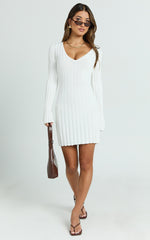 Carissa Mini Dress - V Neck Long Sleeve Knit Dress in White