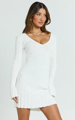 Carissa Mini Dress - V Neck Long Sleeve Knit Dress in White
