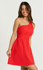 Carley Mini Dress - One Shoulder Tulip Hem Dress in Red