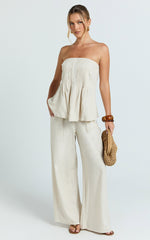 Carli Two Piece Top and Pants Set - Cotton Tube Pant Set in Beige