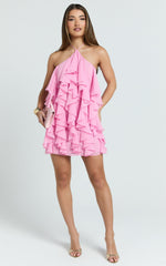 Carlson Mini Dress - Halter Neck Ruffle Tiered Dress in Pink
