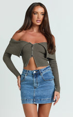 Carlson Top - Off Shoulder Knit Front Zip Top in Dark Khaki