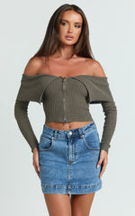 Carlson Top - Off Shoulder Knit Front Zip Top in Dark Khaki