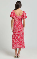 Carlyn Midi Dress - Sweetheart Puff Sleeve Wrap Dress in Red Floral