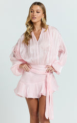 Carmela Mini Dress - Long Sleeve Tie Neck Ruffle Skirt Dress in Pink