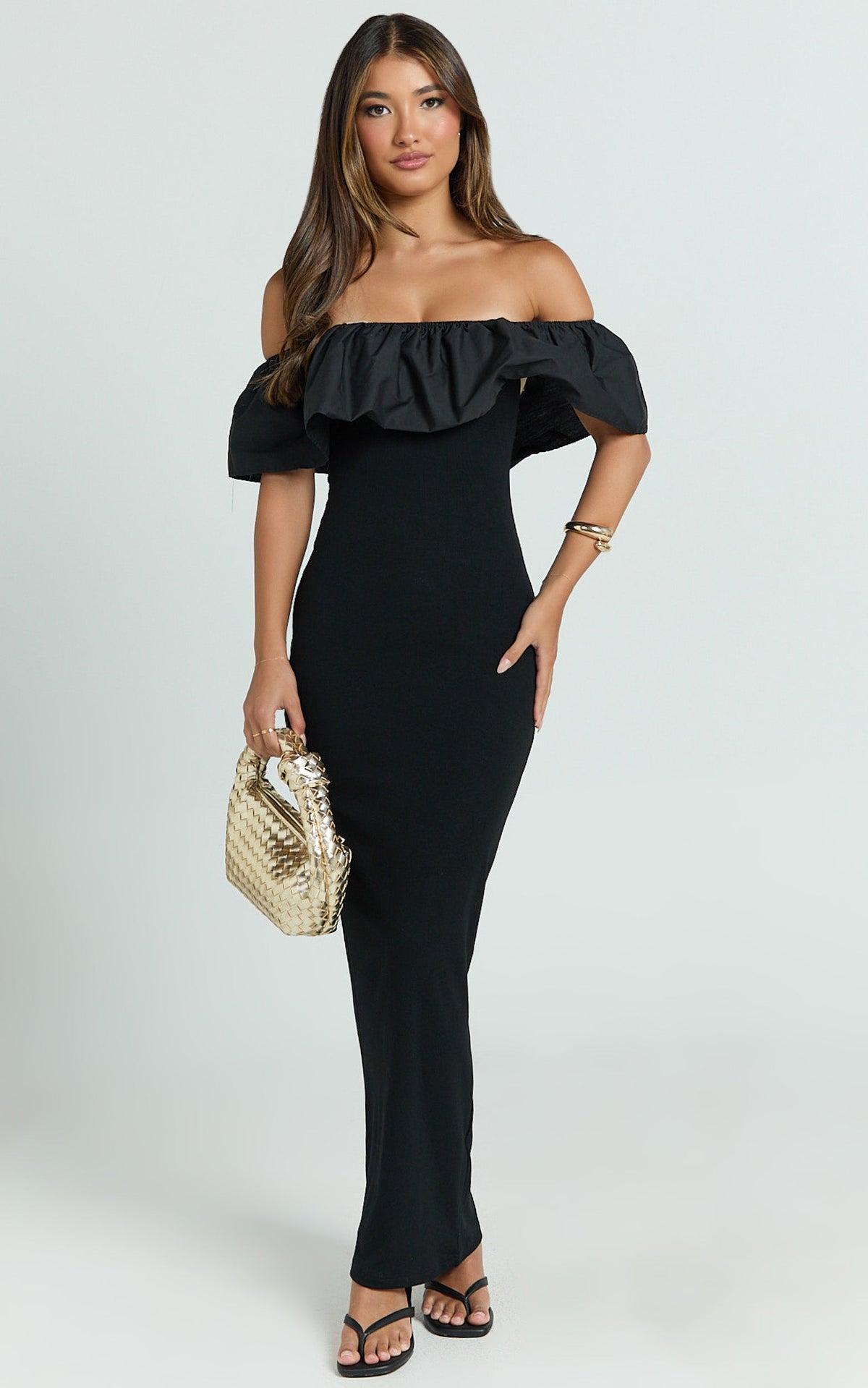 Carol Maxi Dress - Off Shoulder Frill Neckline Dress in Black