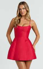 Carolina Mini Dress - Scoop Neck Panel Bodice Dress in Red