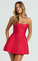Carolina Mini Dress - Scoop Neck Panel Bodice Dress in Red