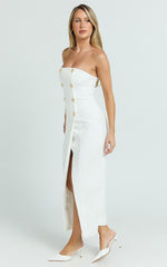 Carson Midi Dress - Strapless Double Breasted Wrap Fitted Dress in Off White