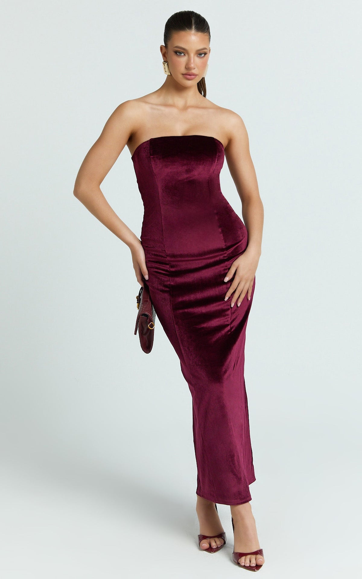 Cartia Maxi Dress - Velvet Strapless Bodycon Dress in Wine