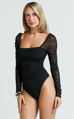 Casen Bodysuit - Long Sleeve Ruched Mesh Bodysuit in Black