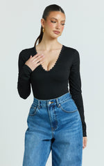Cassie Bodysuit - Lace Neck Detail Long Sleeve Bodysuit in Black