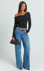 Cate Top - Long Sleeve Asymmetrical Neckline Top in Black