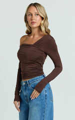 Cate Top - Long Sleeve Asymmetrical Neckline Top in Chocolate