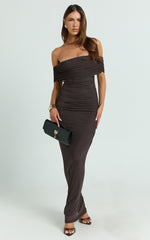 Caterina Maxi - Ruched Off Shoulder Mesh Dress in Chocolate