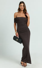 Caterina Maxi - Ruched Off Shoulder Mesh Dress in Chocolate