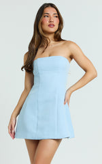 Catharine Mini Dress - Strapless A Line Dress in Blue