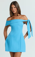 Cecilia Mini Dress - Off Shoulder Tie Detail Dress in Blue