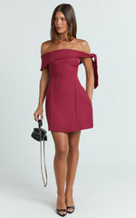 Cecilia Mini Dress - Off Shoulder Tie Detail Dress in Wine
