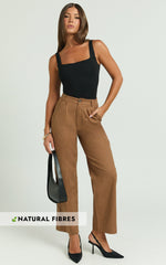 Celenia Linen Blend Pants - High Waisted Wide Leg Pants in Tobacco
