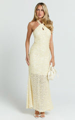 Celeste Maxi Dress - Sequin Halter Low Back Dress in Lemon