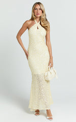 Celeste Maxi Dress - Sequin Halter Low Back Dress in Lemon