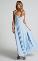 Celestine Midi Dress - Lace Up Back Cowl Neck Dress in Pale Blue