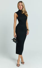 Chantelle Midi Dress - Turtle Neck Sleeveless Ruche Waist Fitted Knit Dress in Black