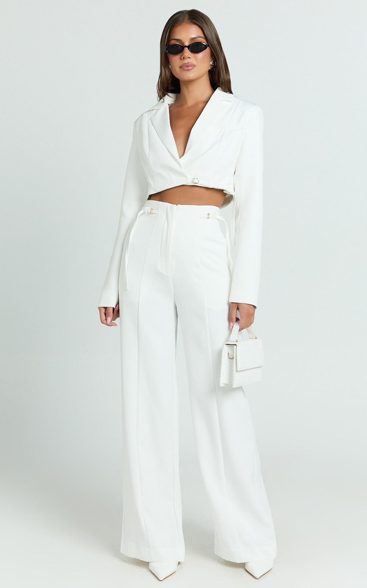 Chantelle Pants - Front Pleats Straight Leg Pant with Hardware Buckle in Off White