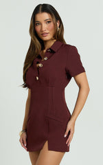 Charity Mini Dress - Placket Front Fitted Shirt Dress in Mahogany