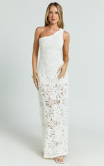 Charlene Maxi Dress - Crochet Knitted One Shoulder Maxi Dress in White