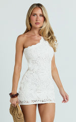 Charlene Mini Dress - Crochet Knitted One Shoulder Dress in White