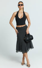 Charlie Midi Skirt - Polka Dot Low Waist Godet Skirt in Black