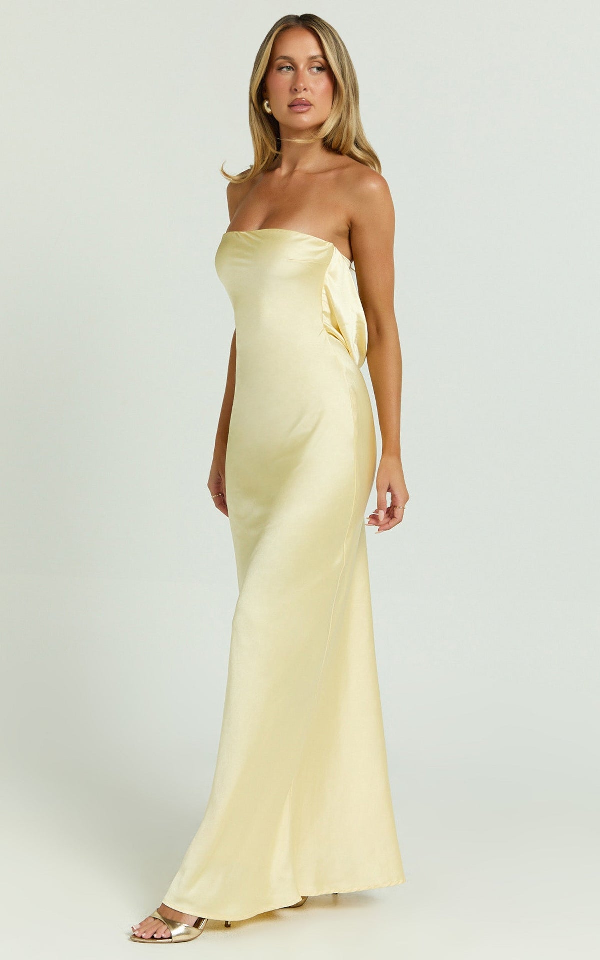 Charlita Maxi Dress - Strapless Cowl Back Satin Dress in Butter Yellow