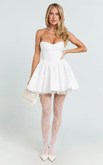 Charlize Mini Dress - Satin Sweetheart V Waist Fit And Flare Dress in White
