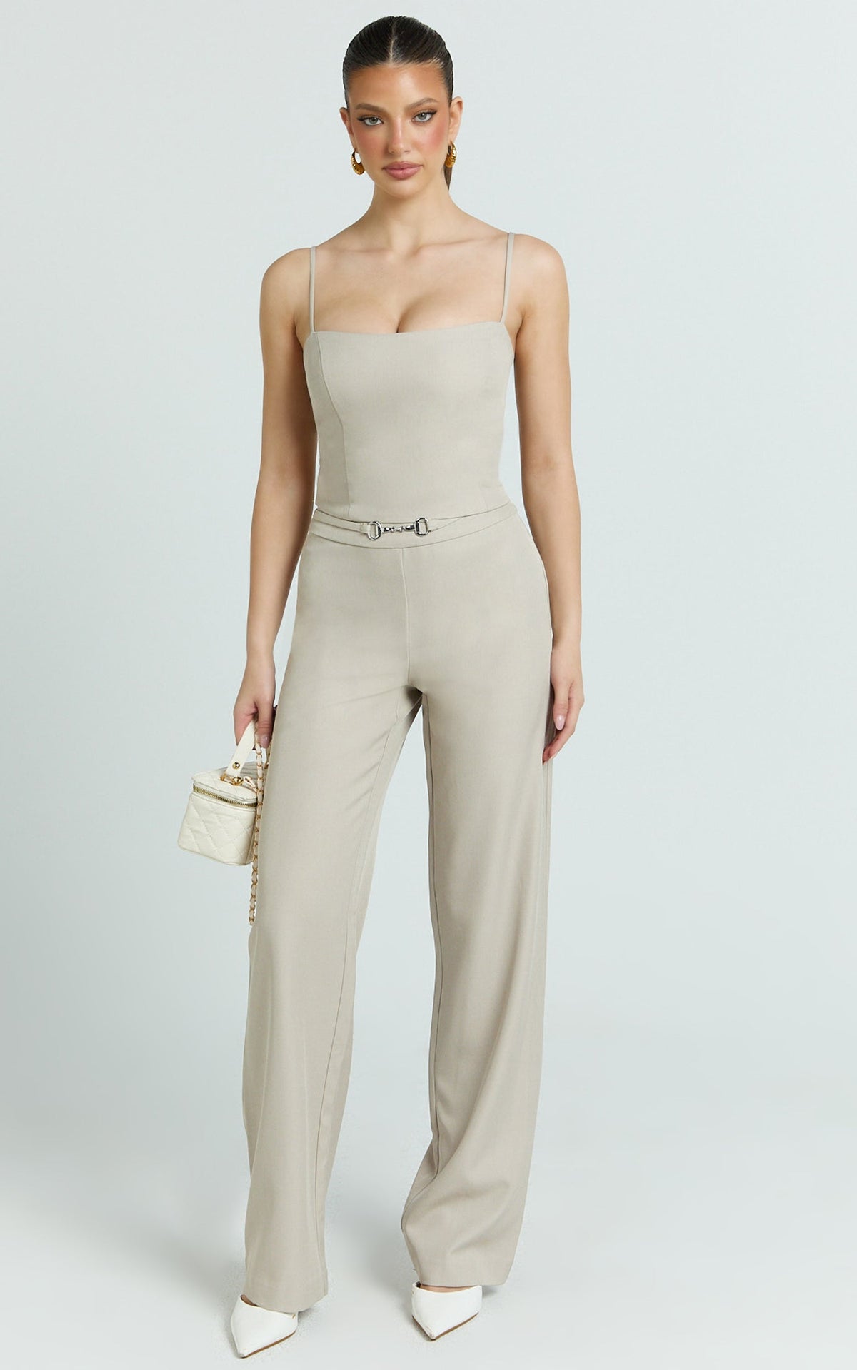 Charlize Pants - Stretch Slim Leg Front Buckle Pants in Stone