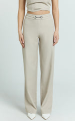 Charlize Pants - Stretch Slim Leg Front Buckle Pants in Stone