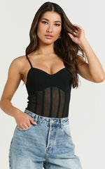 Cheryth Bodysuit - V Neck Strappy Sheer Corset Bodysuit in Black